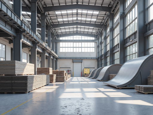 临沂铠润安全防护用品有限公司外景,现代化厂房建筑,蓝天白云背景