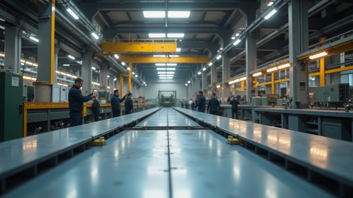 现代化生产车间内部,工人操作机械设备,蓝色背景